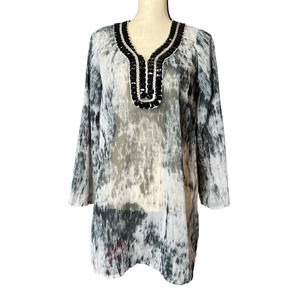 New Carmen Marc Valvo Tunic in Sheer Black Gray White w/Beaded Neckline Sz Small